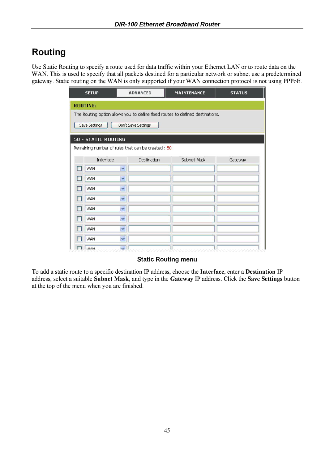 D-Link DIR-100 user manual Static Routing menu 