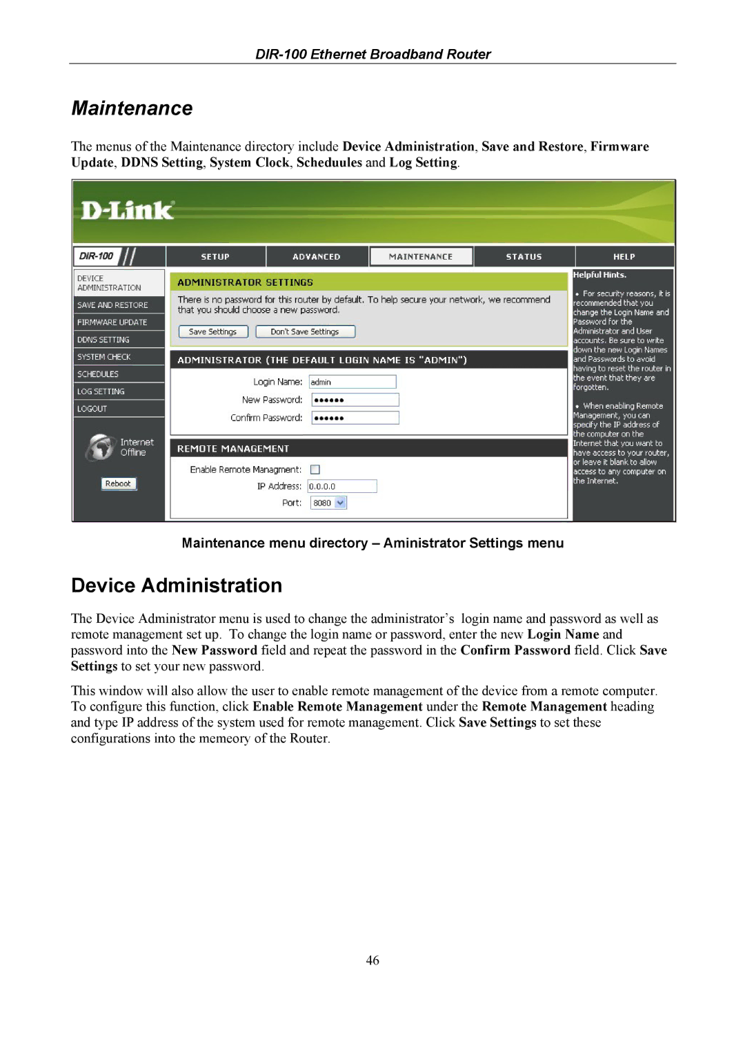 D-Link DIR-100 user manual Device Administration, Maintenance menu directory Aministrator Settings menu 