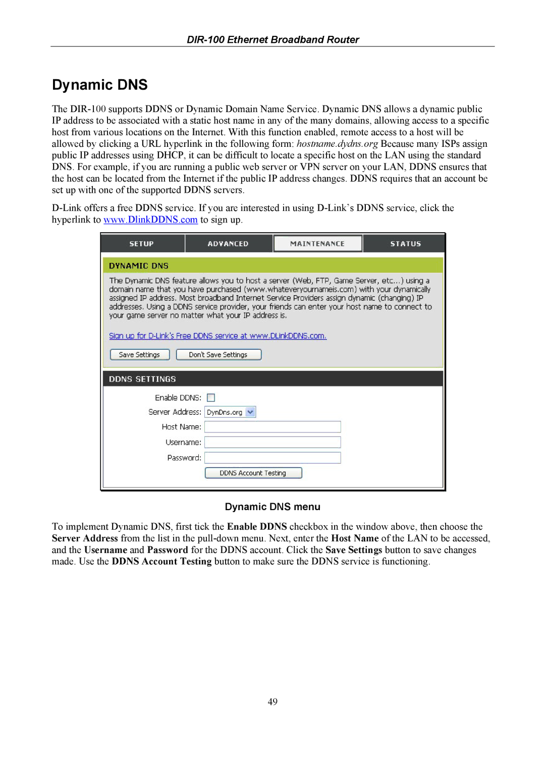 D-Link DIR-100 user manual Dynamic DNS menu 