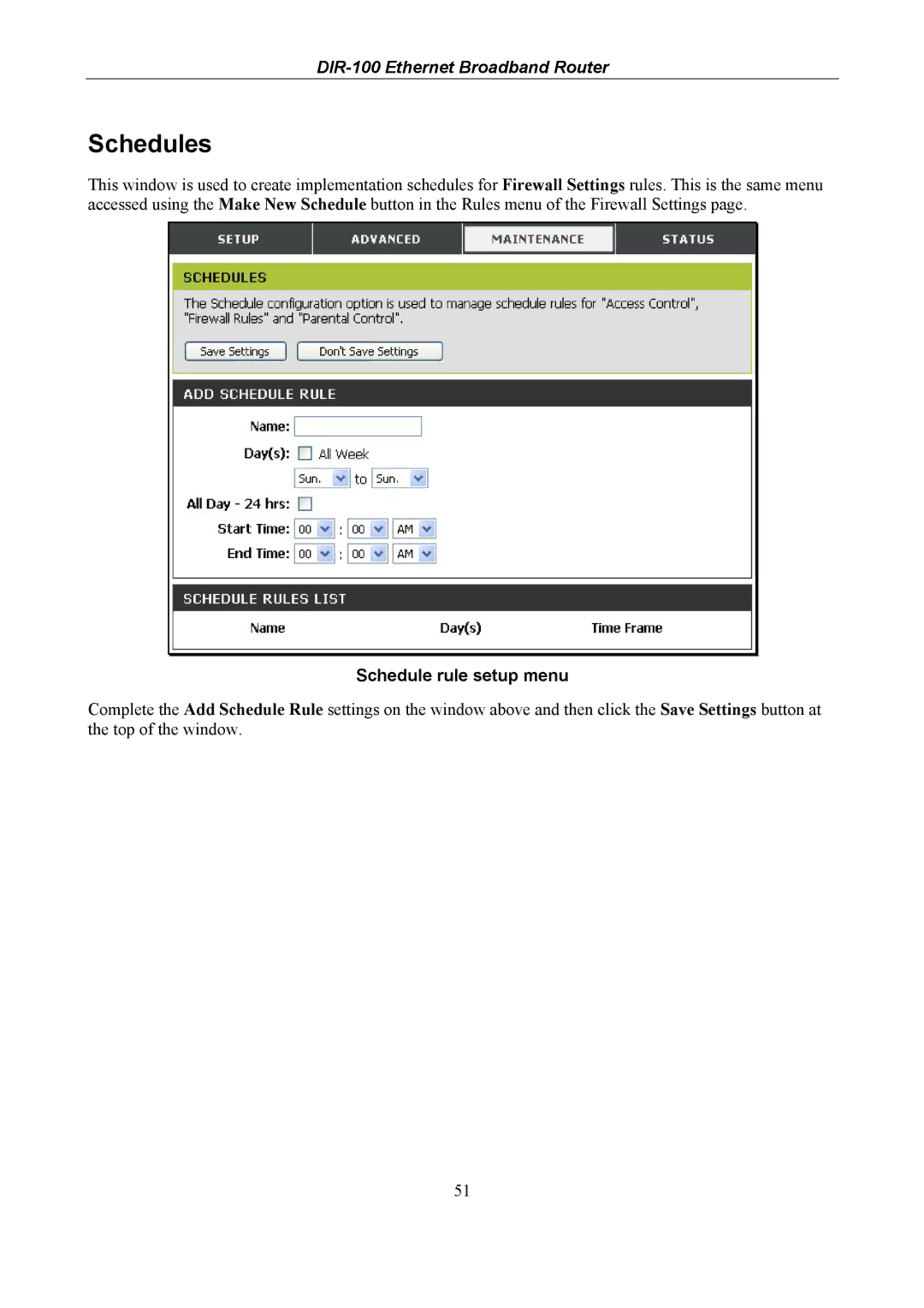 D-Link DIR-100 user manual Schedules, Schedule rule setup menu 