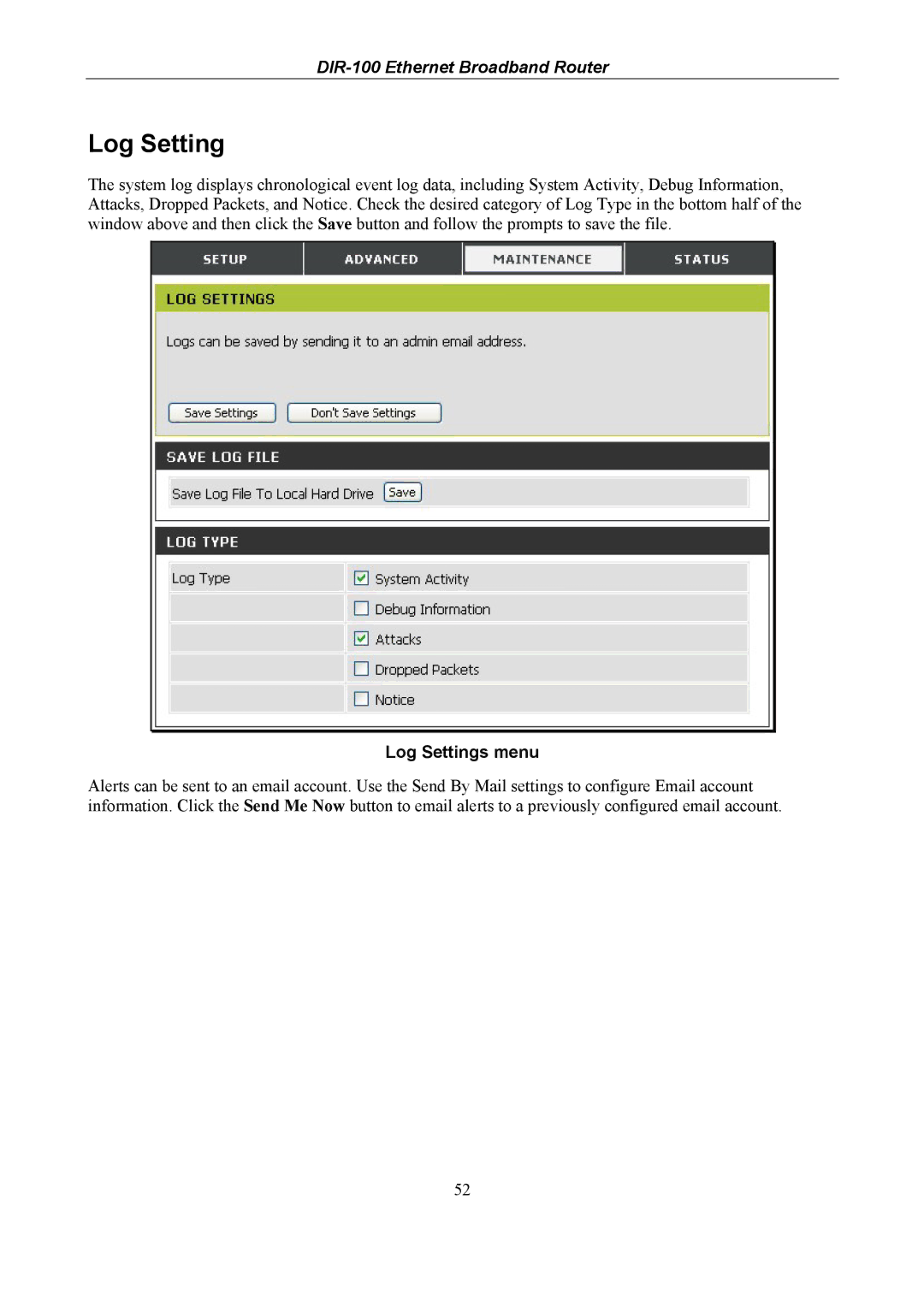 D-Link DIR-100 user manual Log Settings menu 