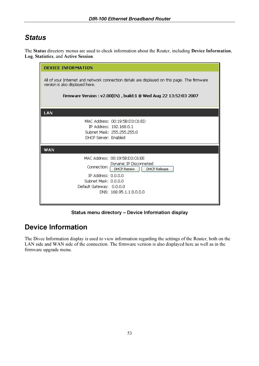 D-Link DIR-100 user manual Status menu directory Device Information display 