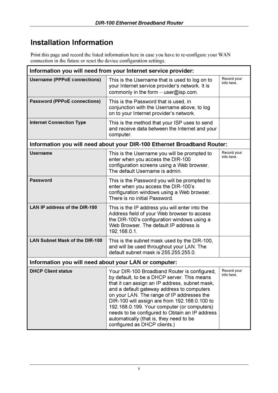 D-Link DIR-100 user manual Installation Information, Information you will need about your LAN or computer 