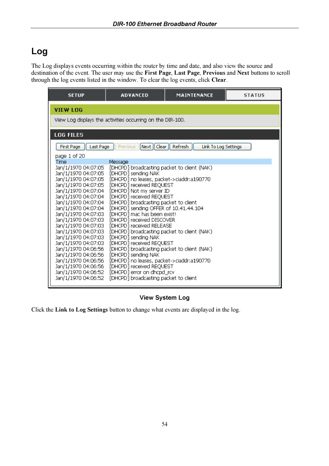 D-Link DIR-100 user manual View System Log 