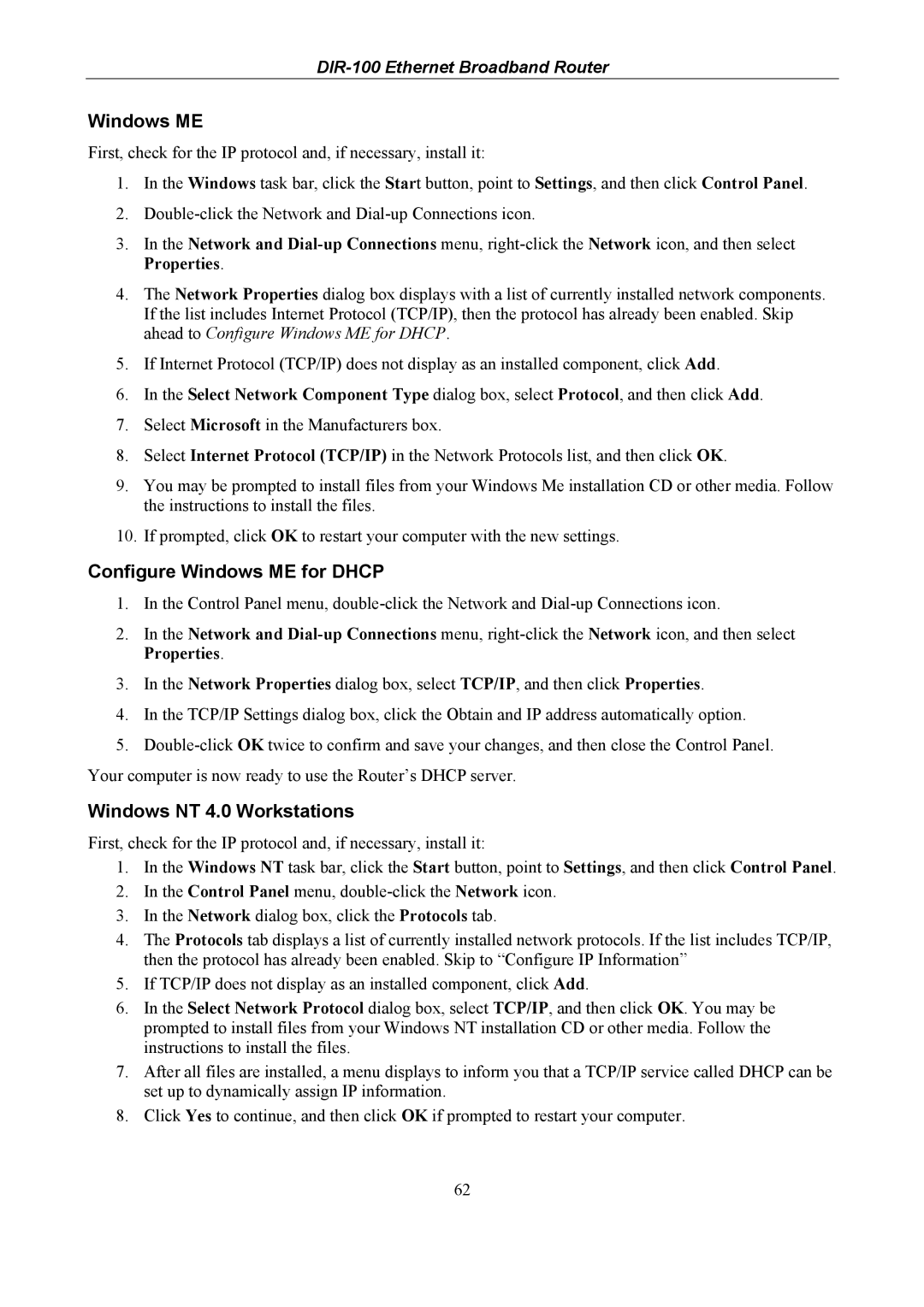 D-Link DIR-100 user manual Configure Windows ME for Dhcp, Windows NT 4.0 Workstations 