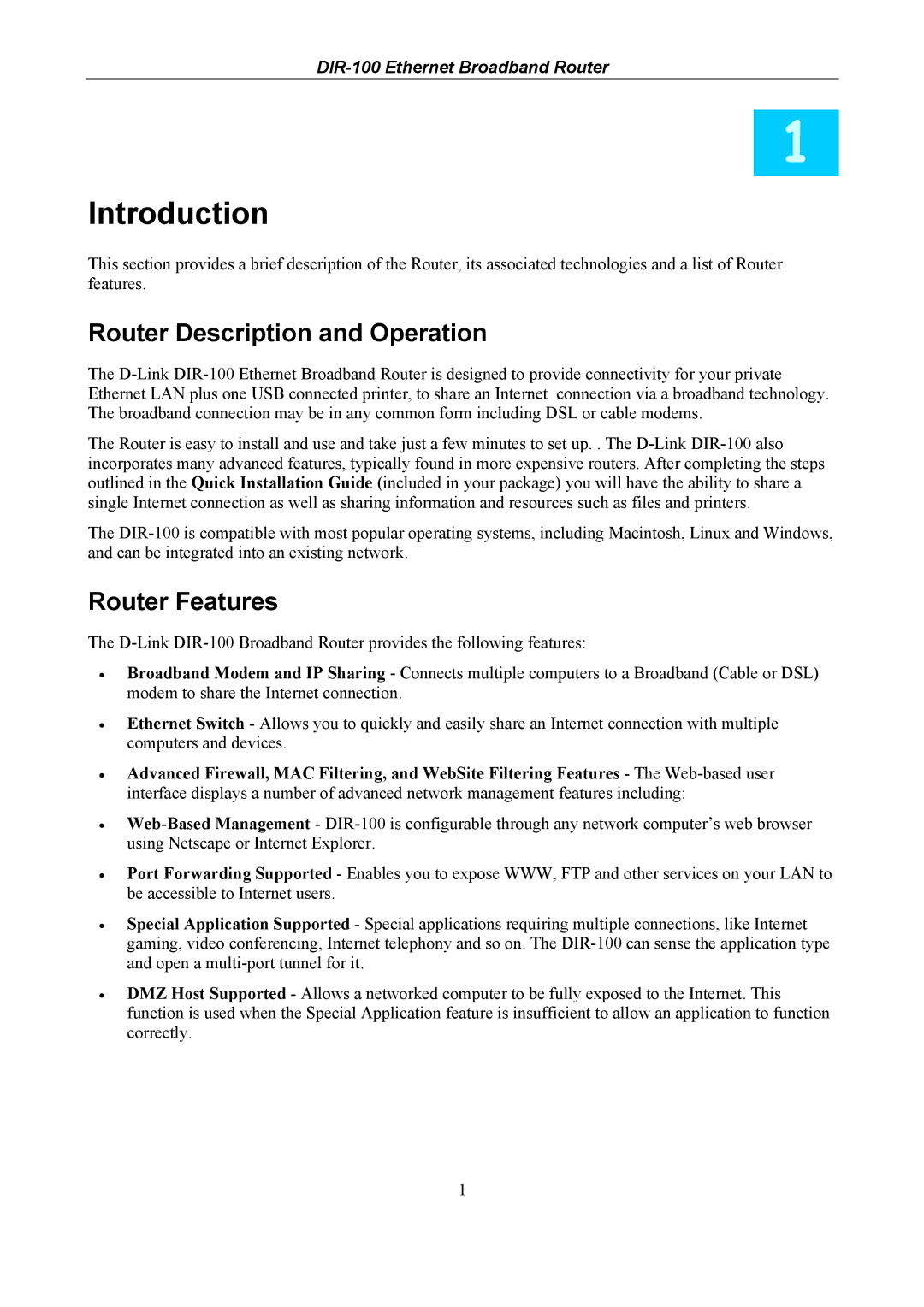 D-Link DIR-100 user manual Router Description and Operation, Router Features 