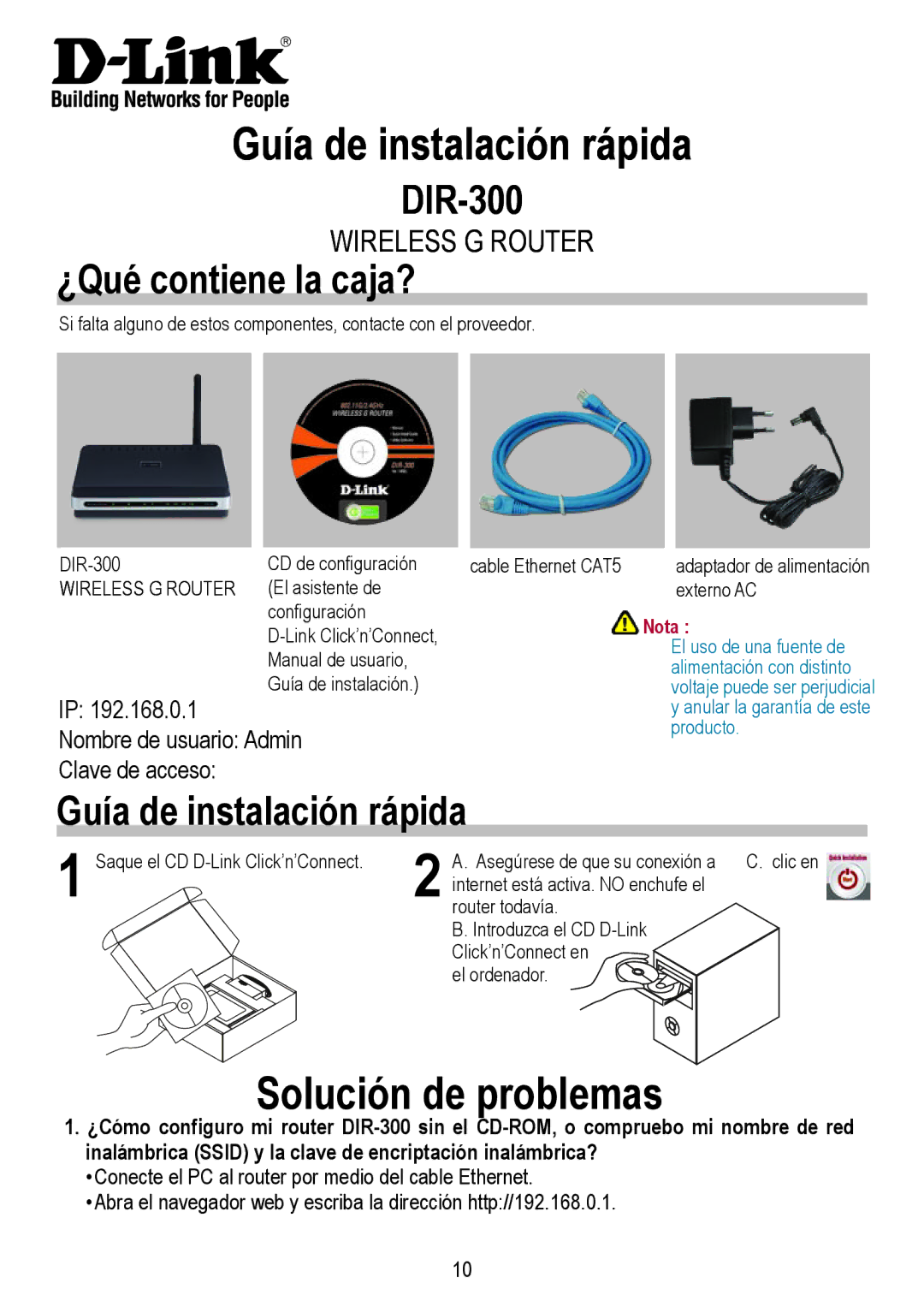 D-Link DIR-300 manual Guía de instalación rápida, Solución de problemas, ¿Qué contiene la caja? 