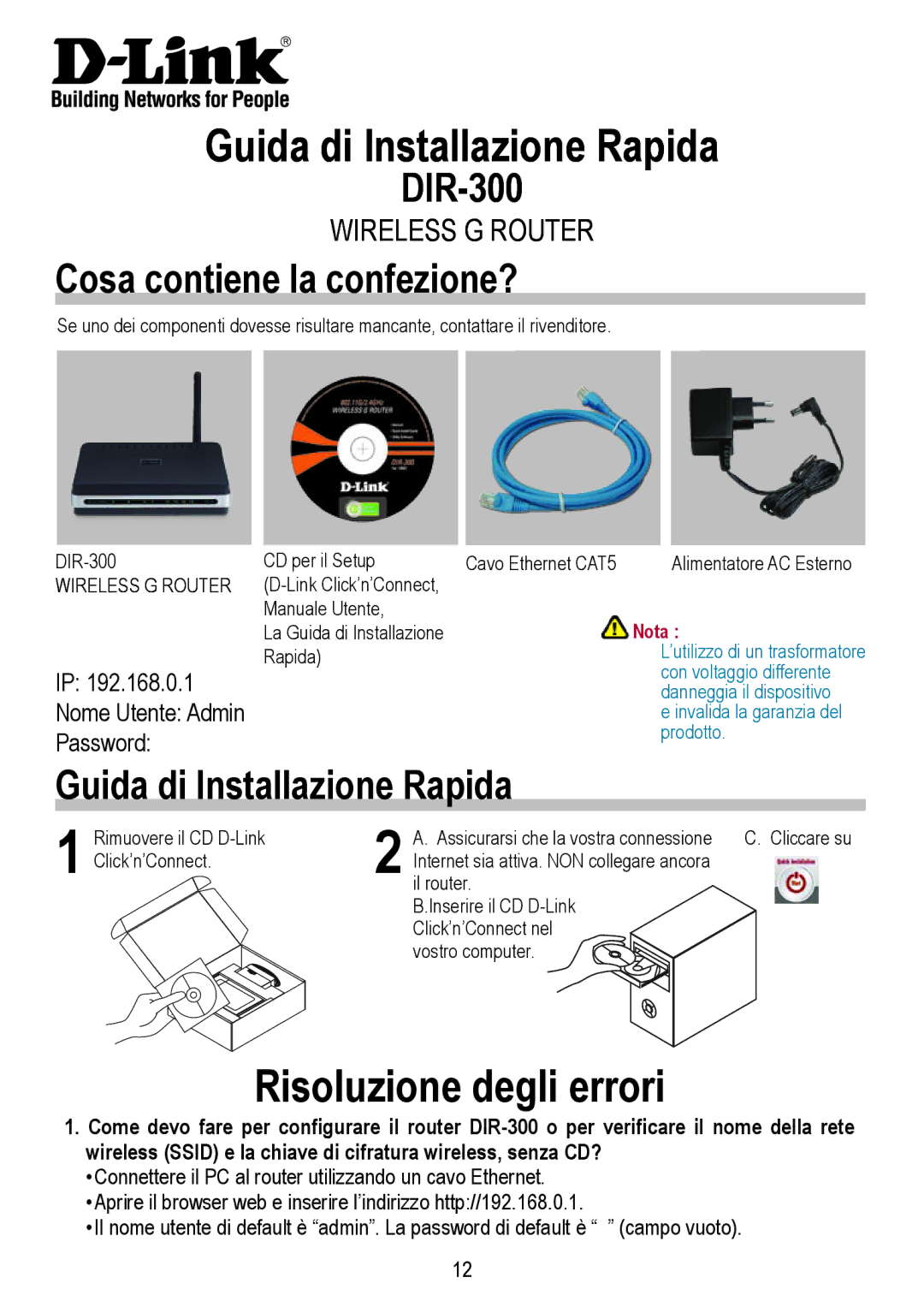 D-Link DIR-300 manual Guida di Installazione Rapida, Risoluzione degli errori, Cosa contiene la confezione? 