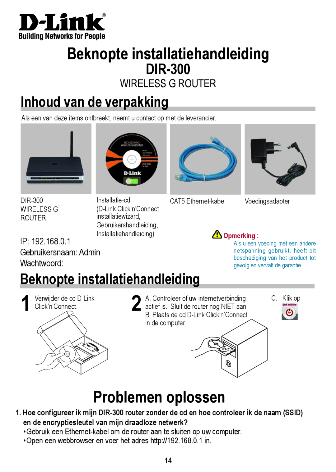 D-Link DIR-300 manual Beknopte installatiehandleiding, Problemen oplossen, Inhoud van de verpakking 