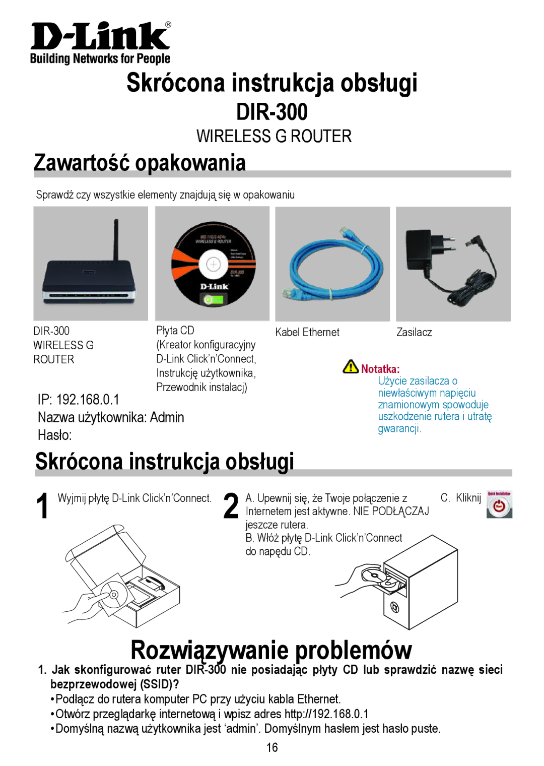 D-Link DIR-300 manual Skrócona instrukcja obsługi, Rozwiązywanie problemów, Zawartość opakowania 