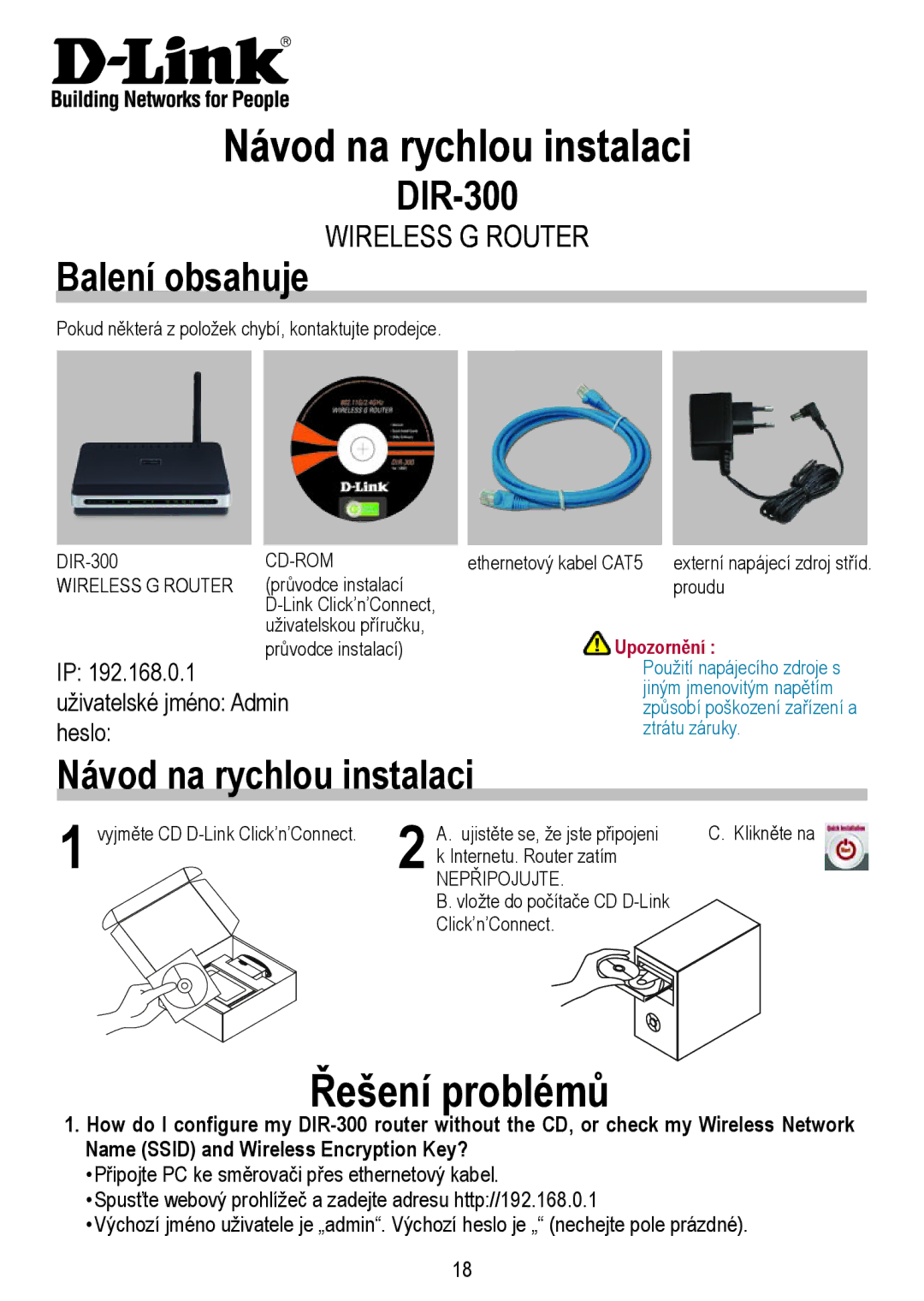 D-Link manual Návod na rychlou instalaci, Řešení problémů, Balení obsahuje DIR-300 