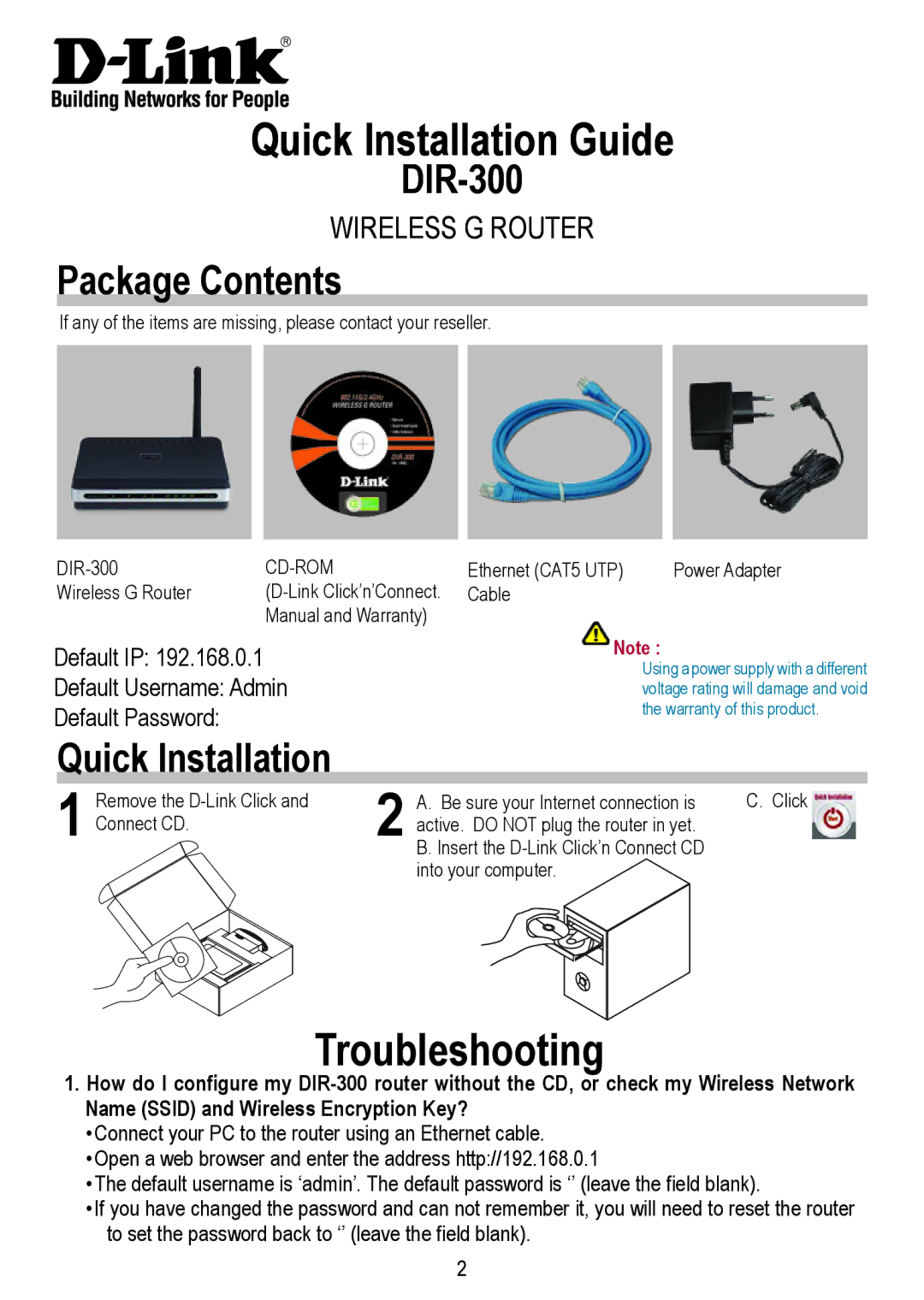 D-Link DIR-300 manual Quick Installation Guide, Troubleshooting, Package Contents 