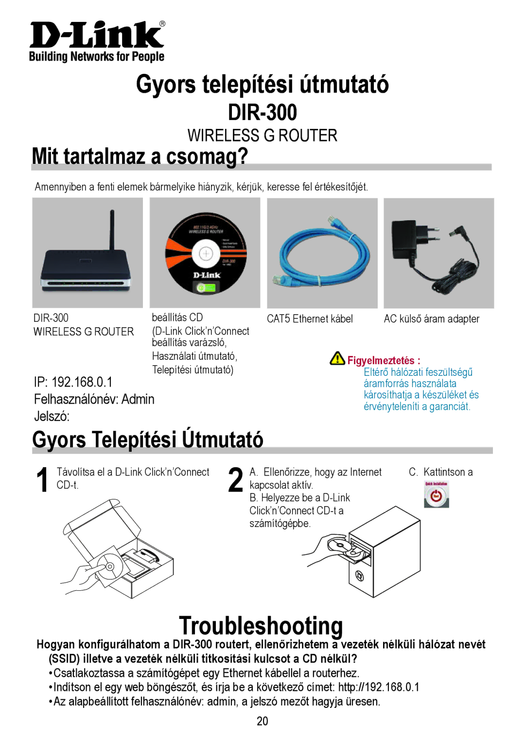 D-Link DIR-300 manual Gyors telepítési útmutató, Mit tartalmaz a csomag?, Gyors Telepítési Útmutató 