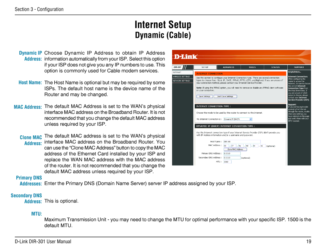 D-Link DIR-301 manual Internet Setup, Dynamic Cable 