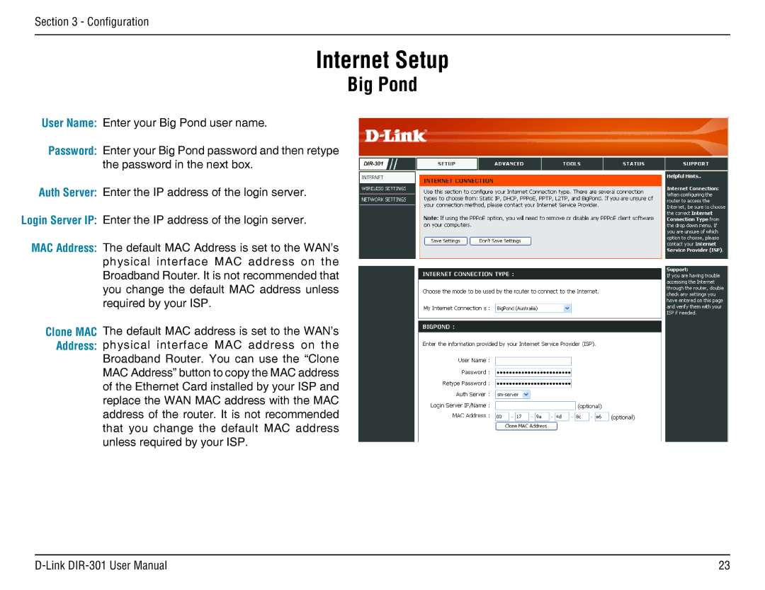 D-Link DIR-301 manual Big Pond 