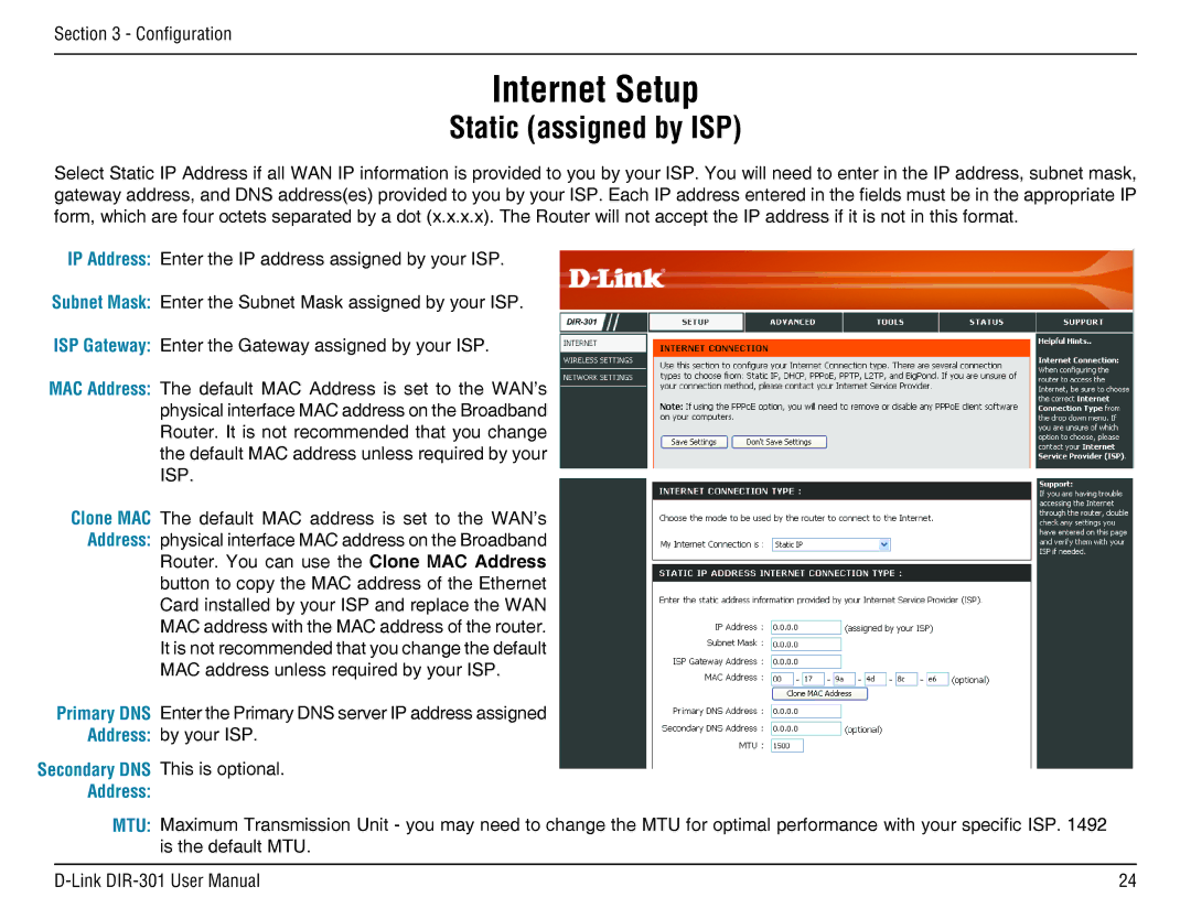 D-Link DIR-301 manual Static assigned by ISP 