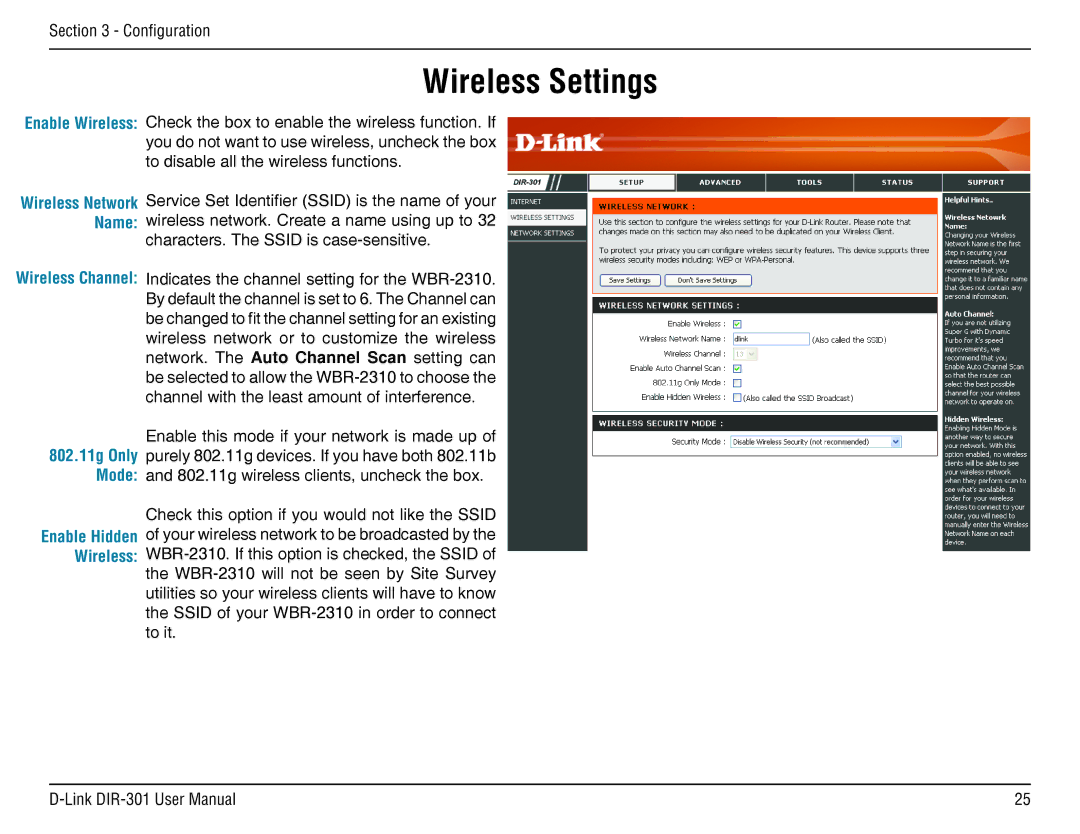 D-Link DIR-301 manual Wireless Settings 