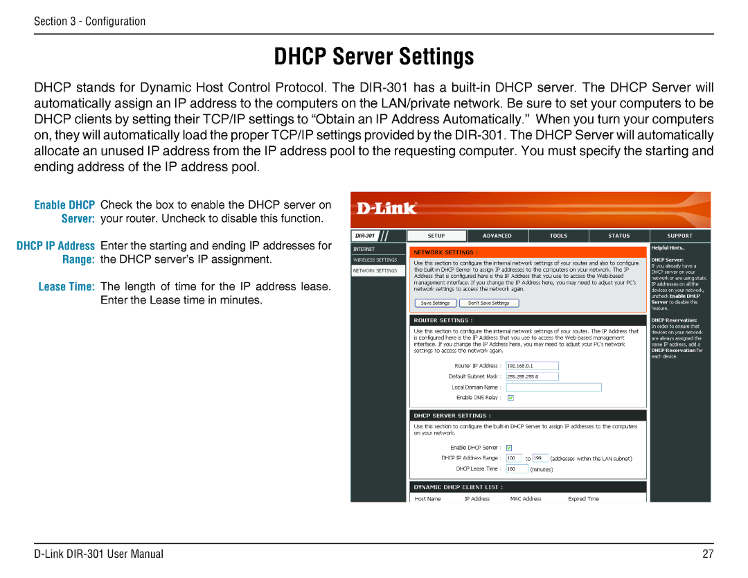 D-Link DIR-301 manual Dhcp Server Settings 