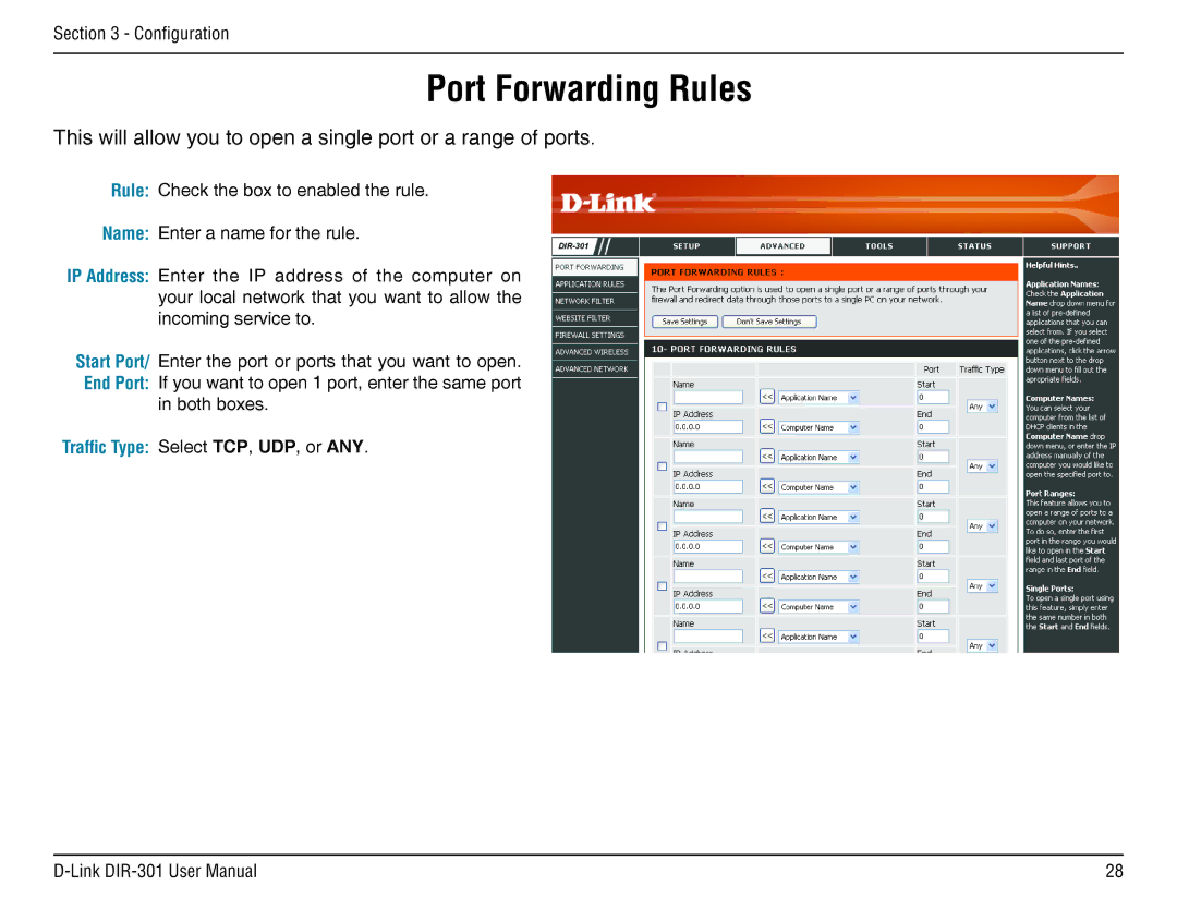 D-Link DIR-301 manual Port Forwarding Rules 