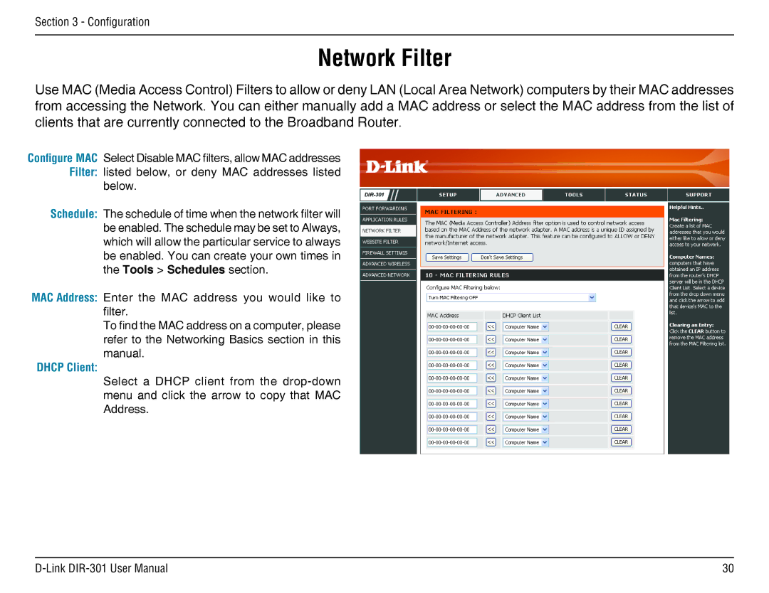 D-Link DIR-301 manual Network Filter, Dhcp Client 