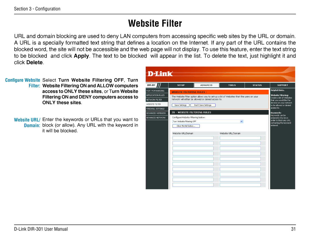 D-Link DIR-301 manual Configure Website Select Turn Website Filtering OFF, Turn 