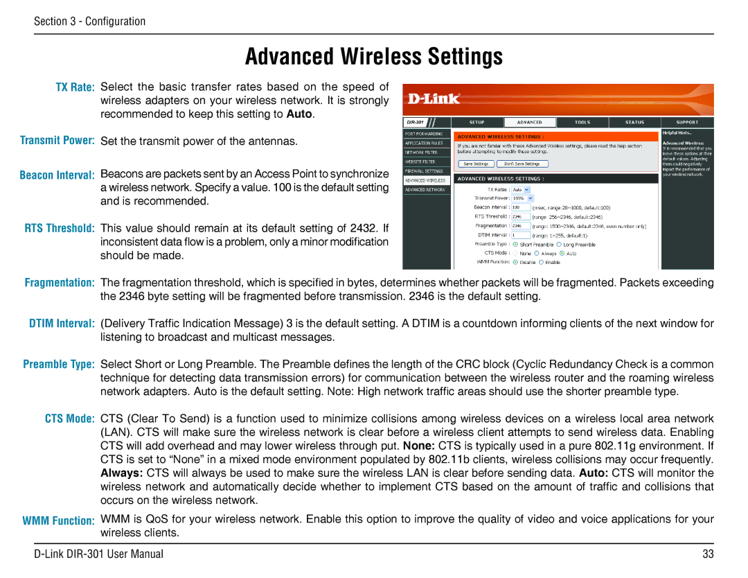 D-Link DIR-301 manual Advanced Wireless Settings, CTS Mode 