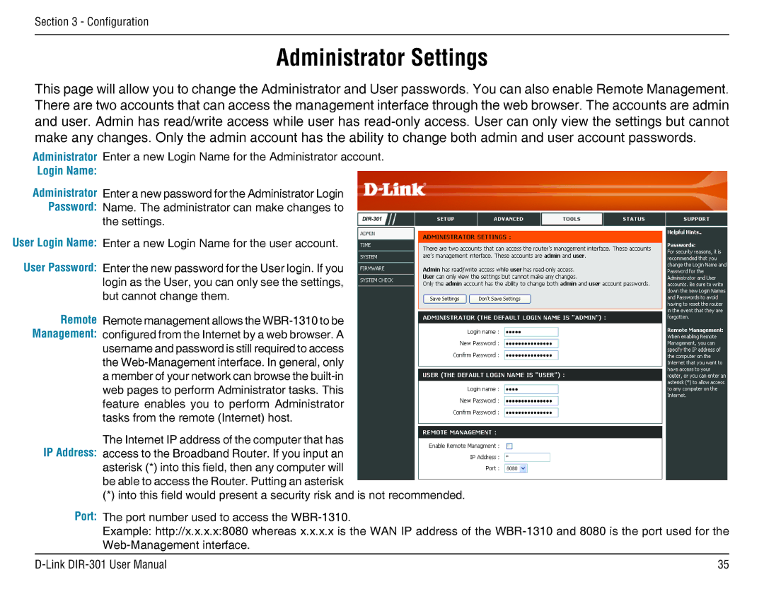 D-Link DIR-301 manual Administrator Settings, IP Address Port 