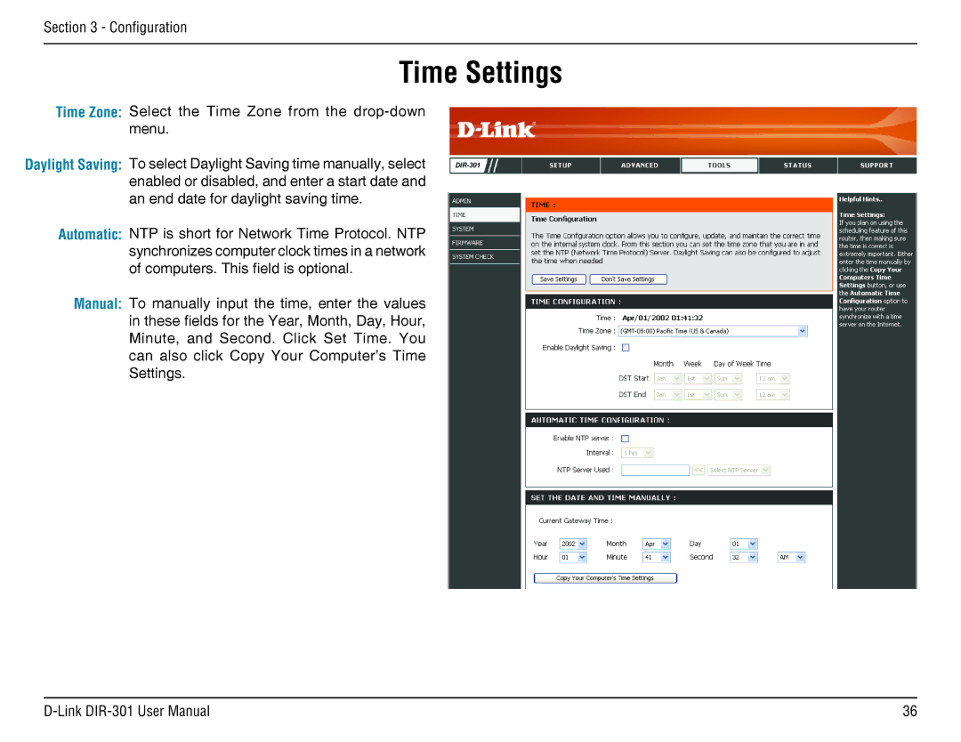 D-Link DIR-301 manual Time Settings 