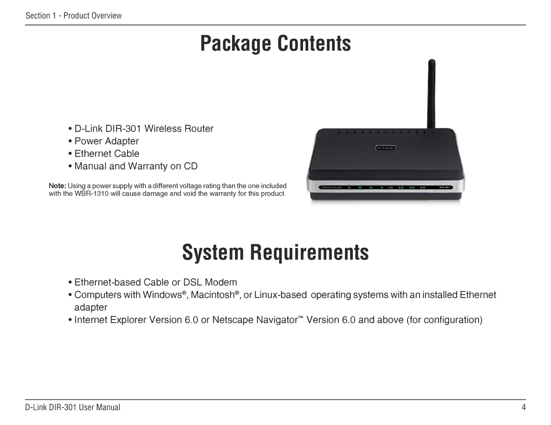 D-Link DIR-301 manual ProductPackageOverviewContents 