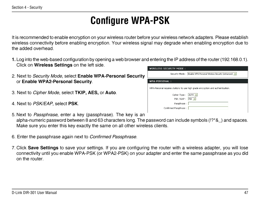 D-Link DIR-301 manual Configure WPA-PSK 