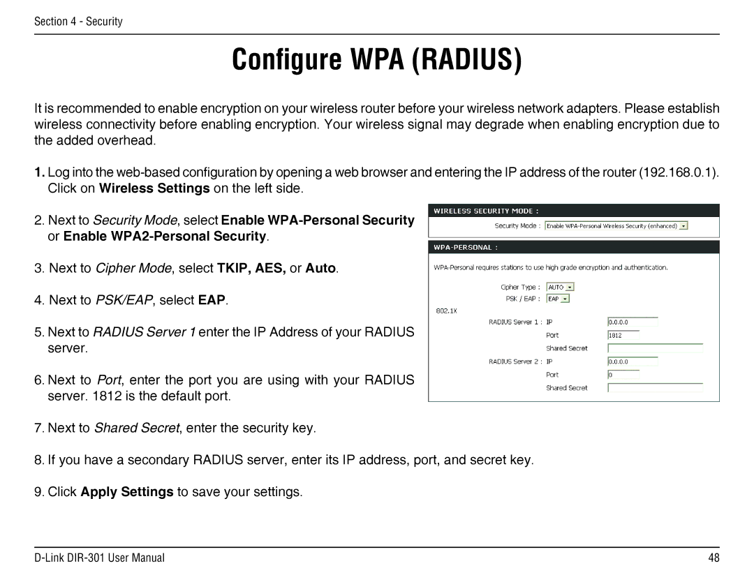 D-Link DIR-301 manual Configure WPA Radius 