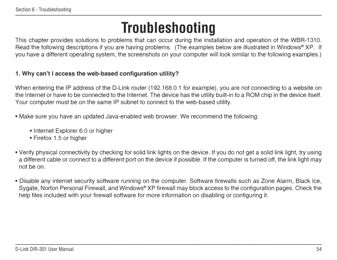 D-Link DIR-301 manual Troubleshooting, Why can’t I access the web-based configuration utility? 