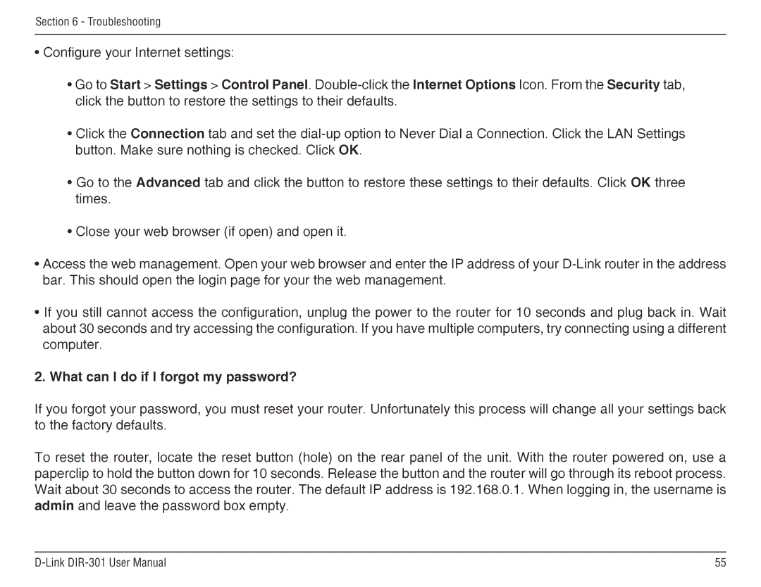 D-Link DIR-301 manual What can I do if I forgot my password? 