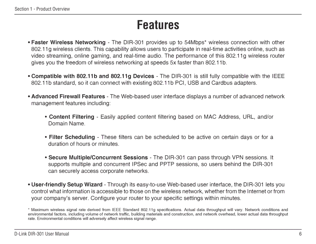 D-Link DIR-301 manual Features 