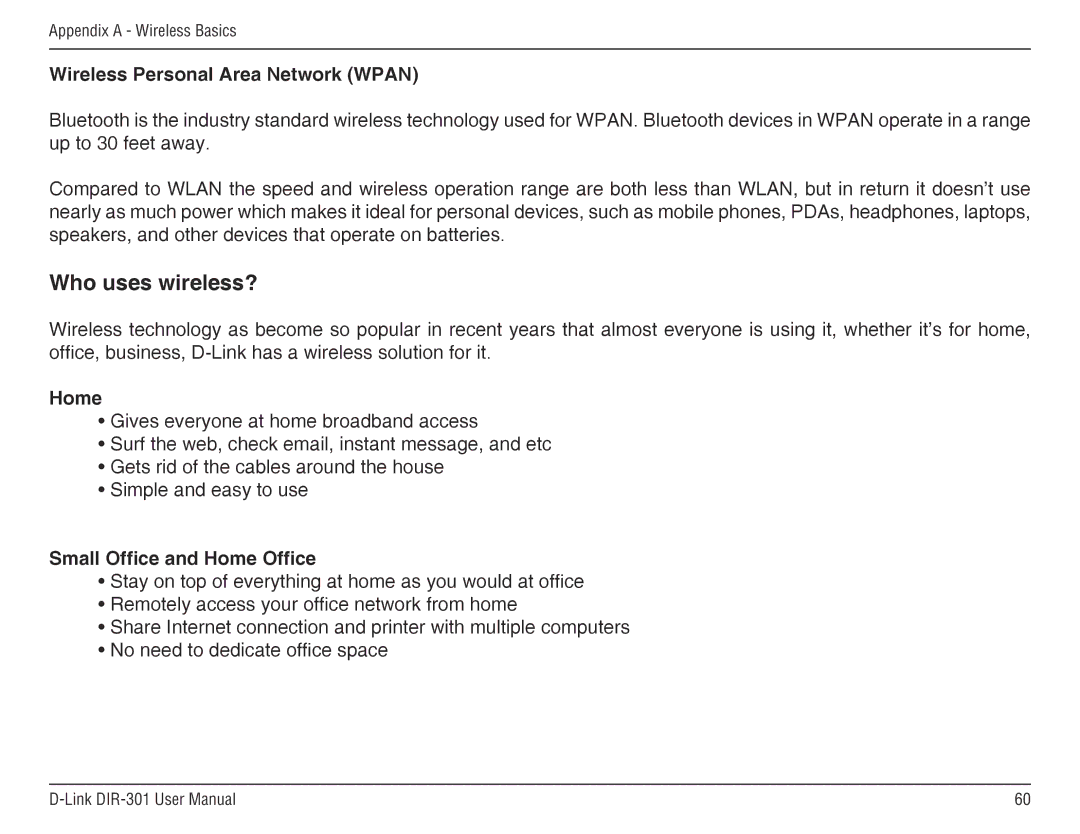 D-Link DIR-301 manual Wireless Personal Area Network Wpan, Small Office and Home Office 