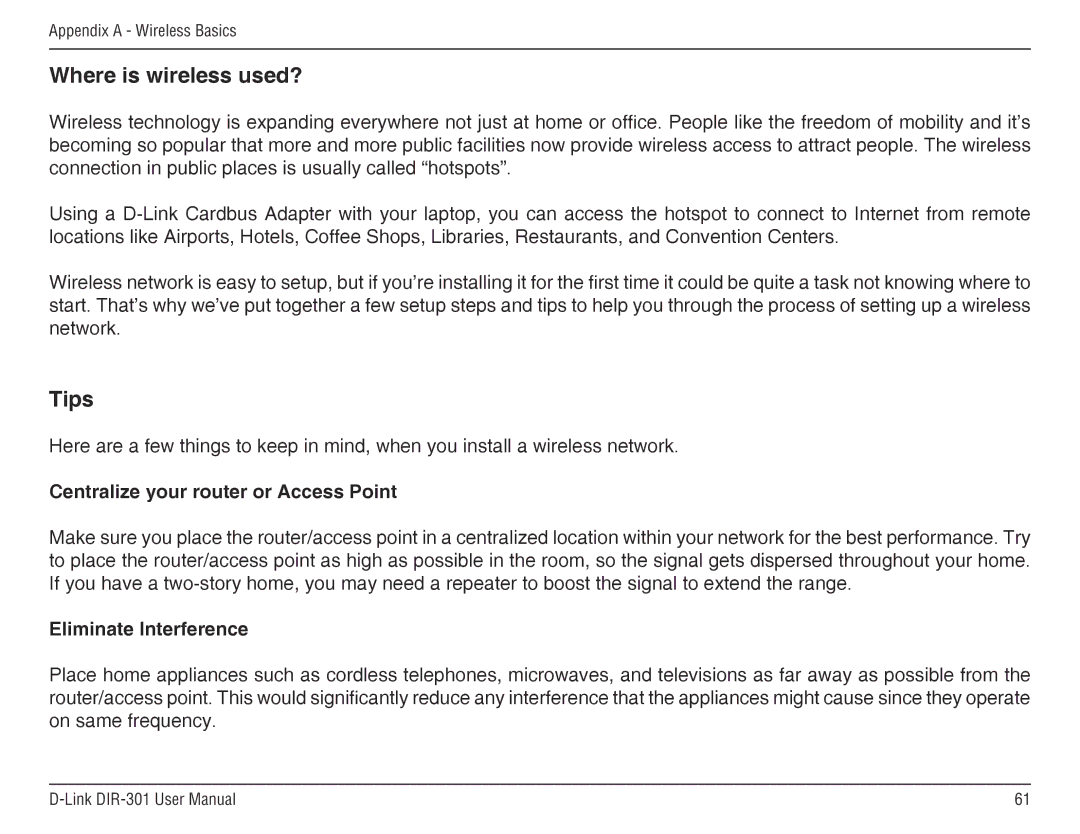 D-Link DIR-301 manual Centralize your router or Access Point, Eliminate Interference 