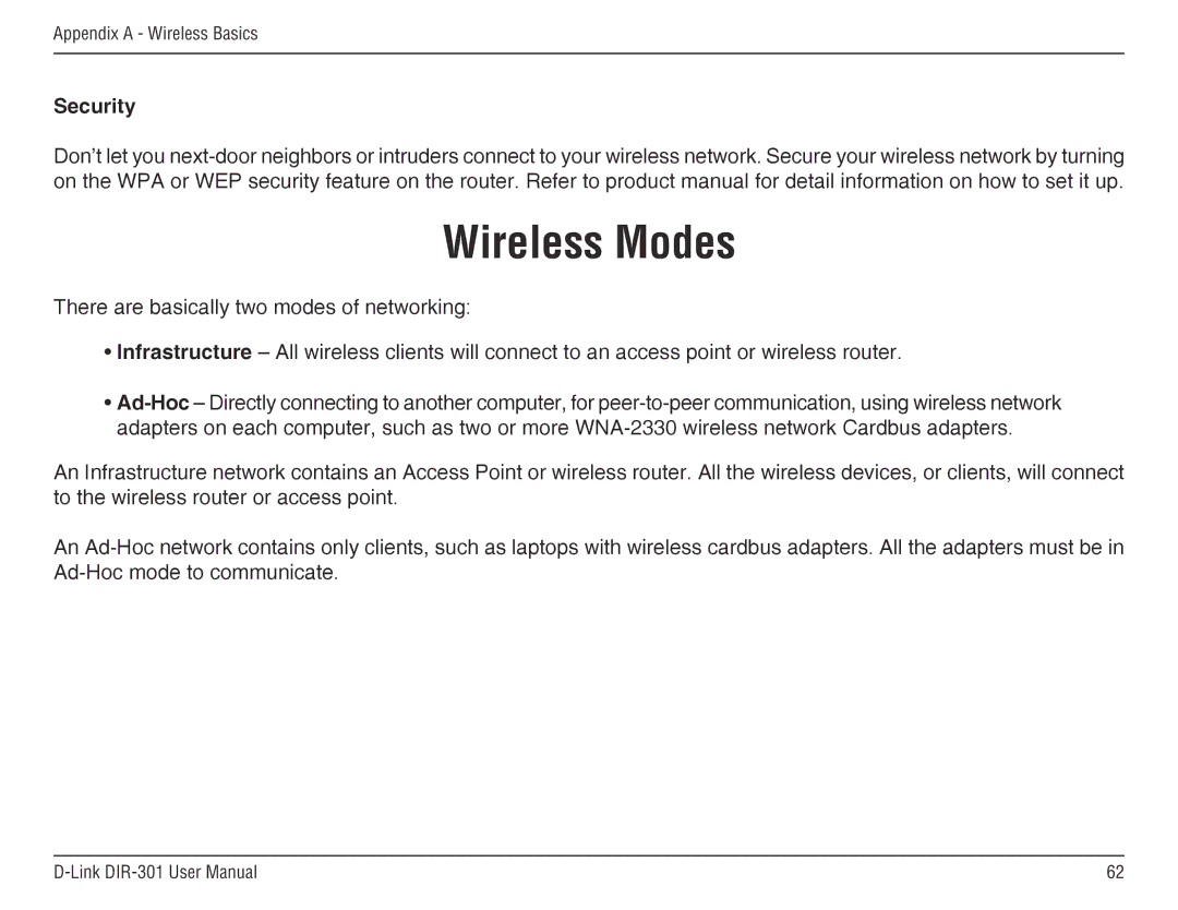 D-Link DIR-301 manual Wireless Modes, Security 