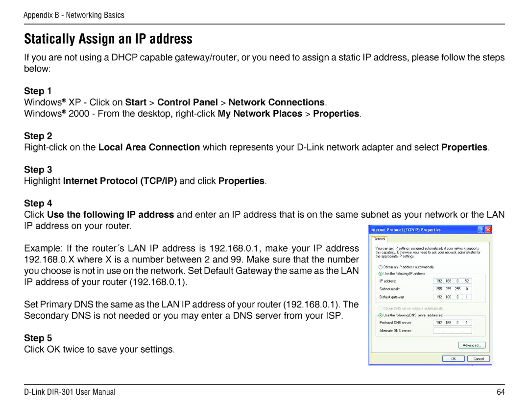 D-Link DIR-301 manual Step Highlight Internet Protocol TCP/IP and click Properties 