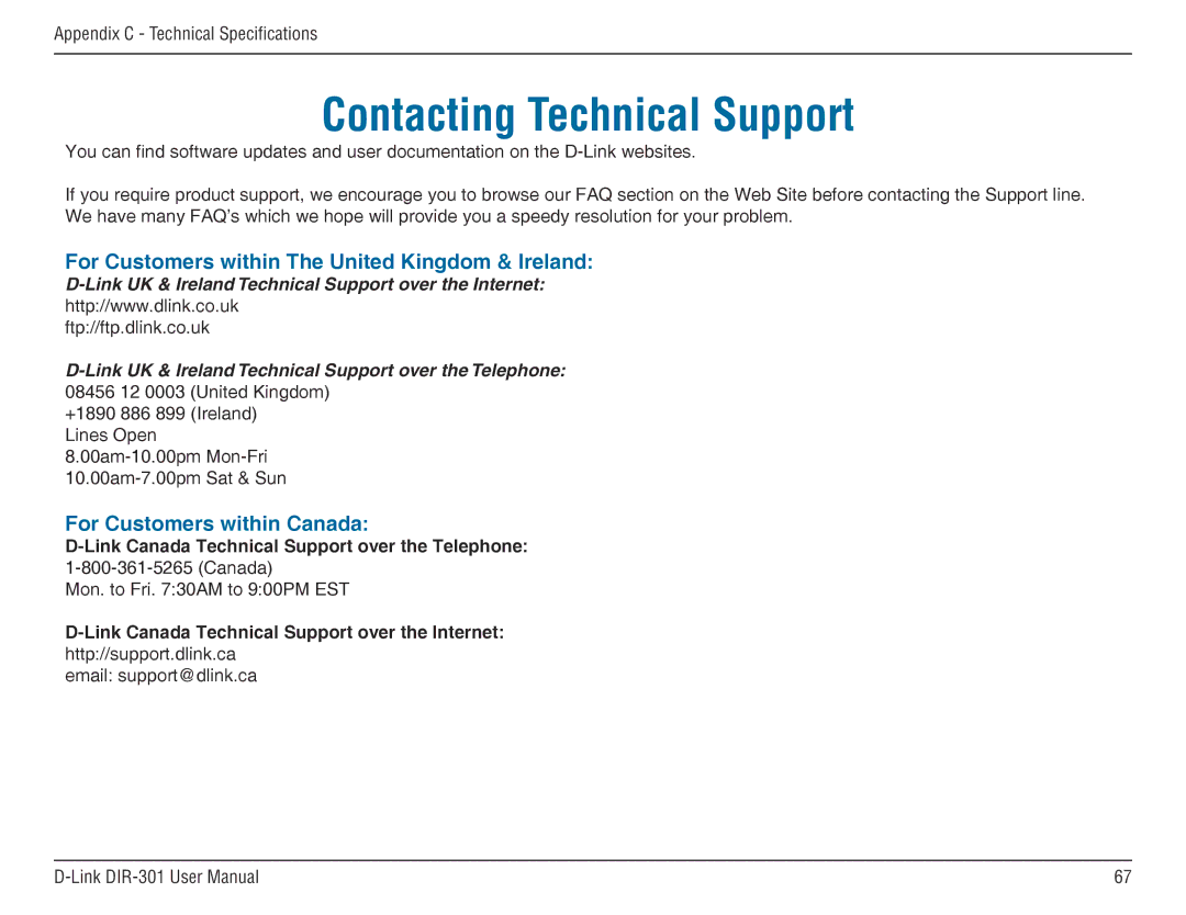 D-Link DIR-301 manual Contacting Technical Support 