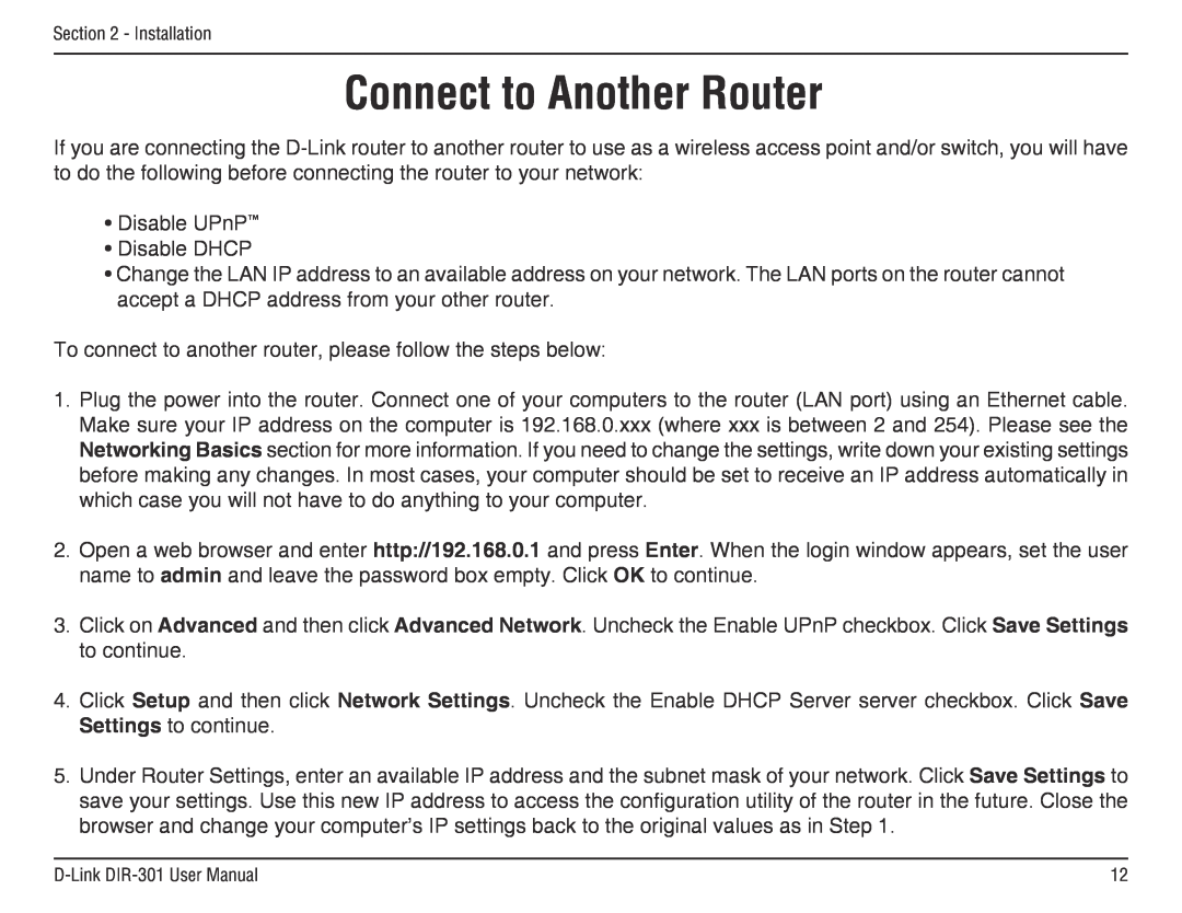 D-Link DIR-301 manual Connect to Another Router 
