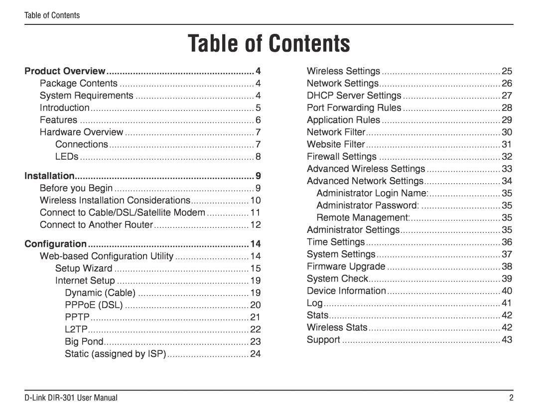 D-Link DIR-301 manual Table of Contents, Installation, Configuration 