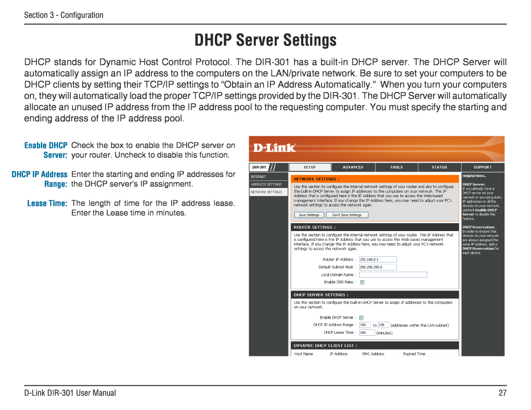 D-Link DIR-301 manual DHCP Server Settings 