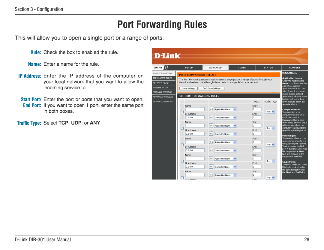 D-Link DIR-301 manual Port Forwarding Rules, This will allow you to open a single port or a range of ports 