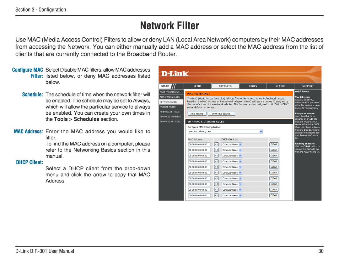D-Link DIR-301 manual Network Filter, DHCP Client 