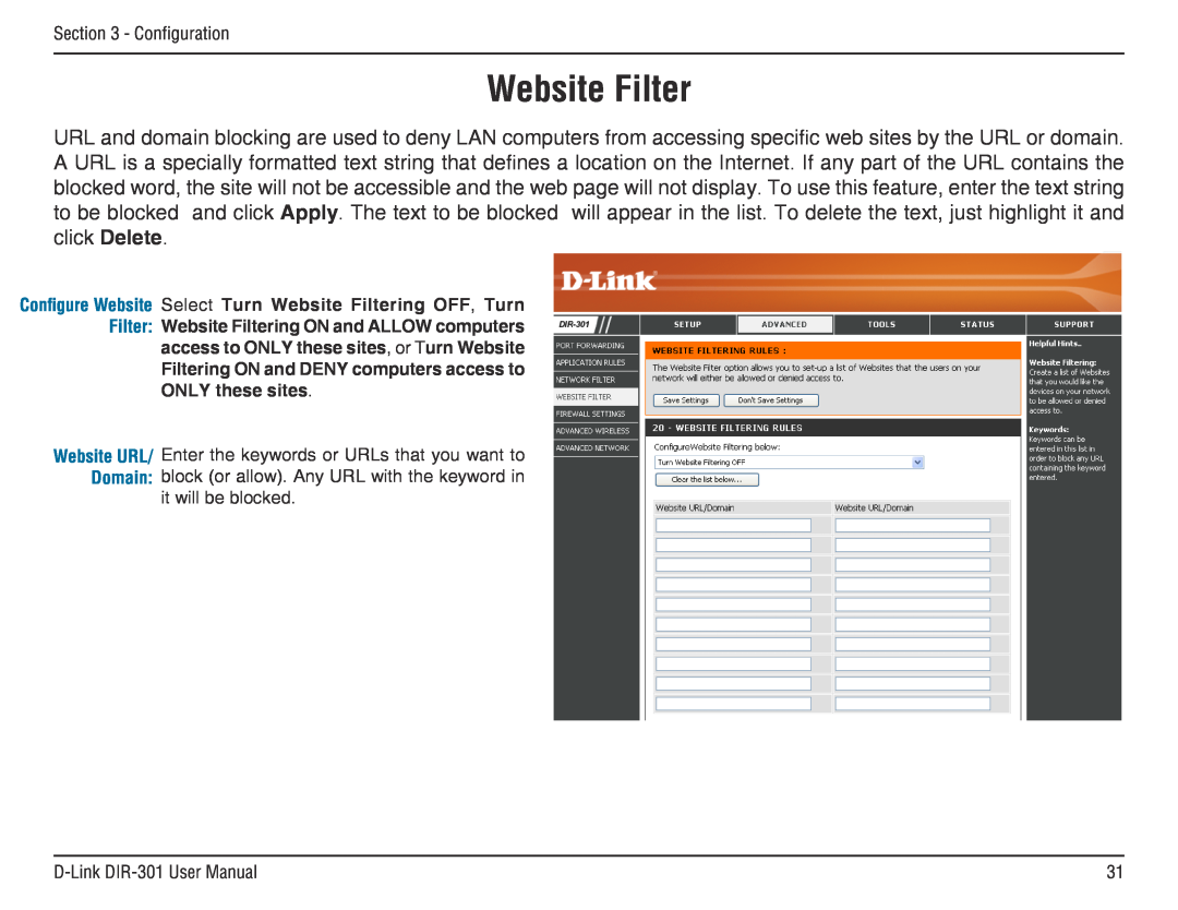 D-Link DIR-301 manual Configure Website Select Turn Website Filtering OFF, Turn 