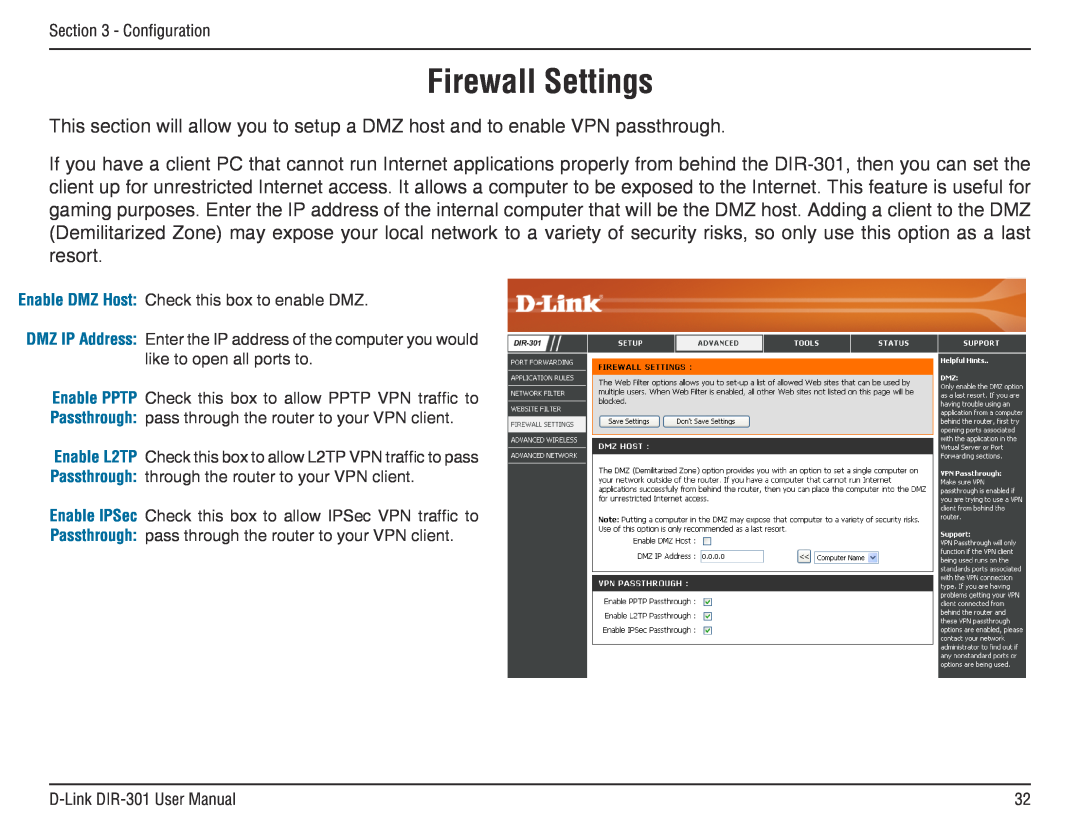 D-Link DIR-301 manual Firewall Settings 