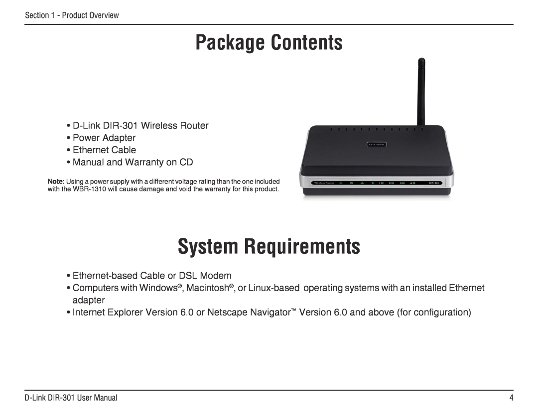 D-Link DIR-301 manual System Requirements, ProductPackageOverviewContents 