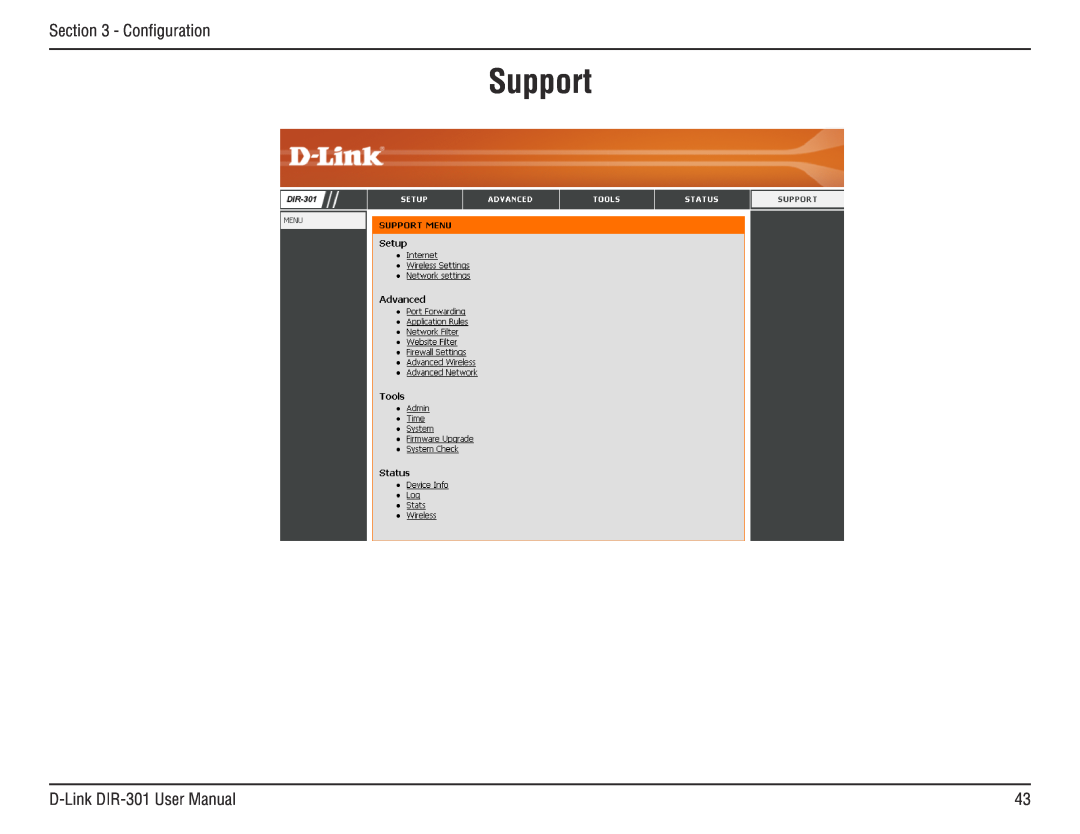 D-Link manual Support, Configuration, D-Link DIR-301 User Manual 