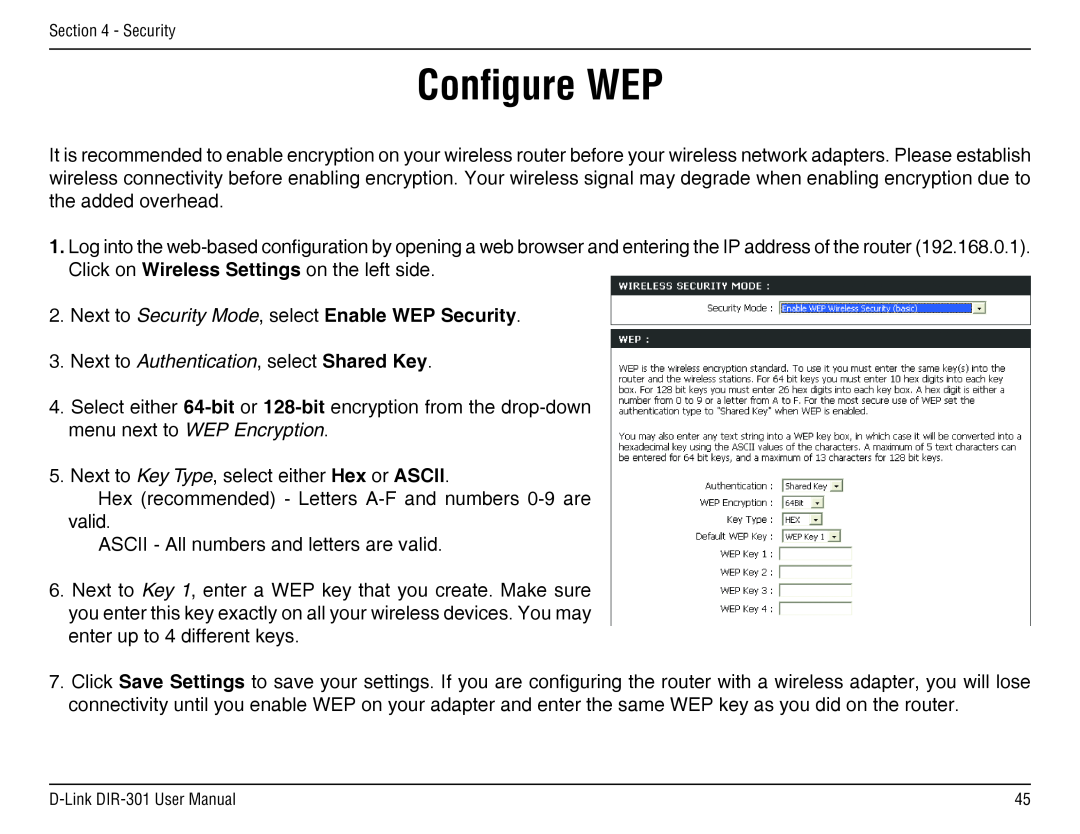 D-Link DIR-301 manual Configure WEP, Next to Security Mode, select Enable WEP Security 