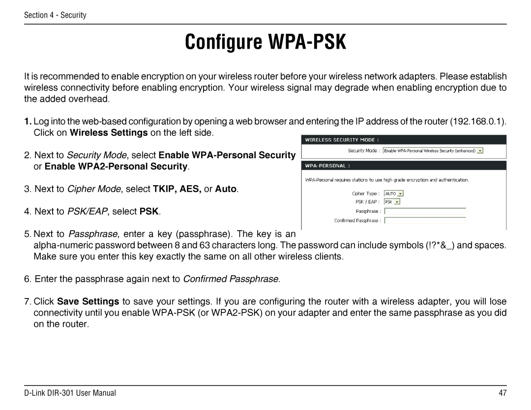 D-Link DIR-301 manual Configure WPA-PSK, Next to Security Mode, select Enable WPA-Personal Security 